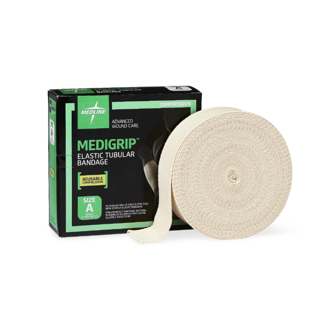 A box of Medline Medigrip Elastic Latex Tubular Support Bandages (Size A) sits next to a rolled-up beige bandage. The packaging highlights its reusability, compression benefits, and wound care suitability.